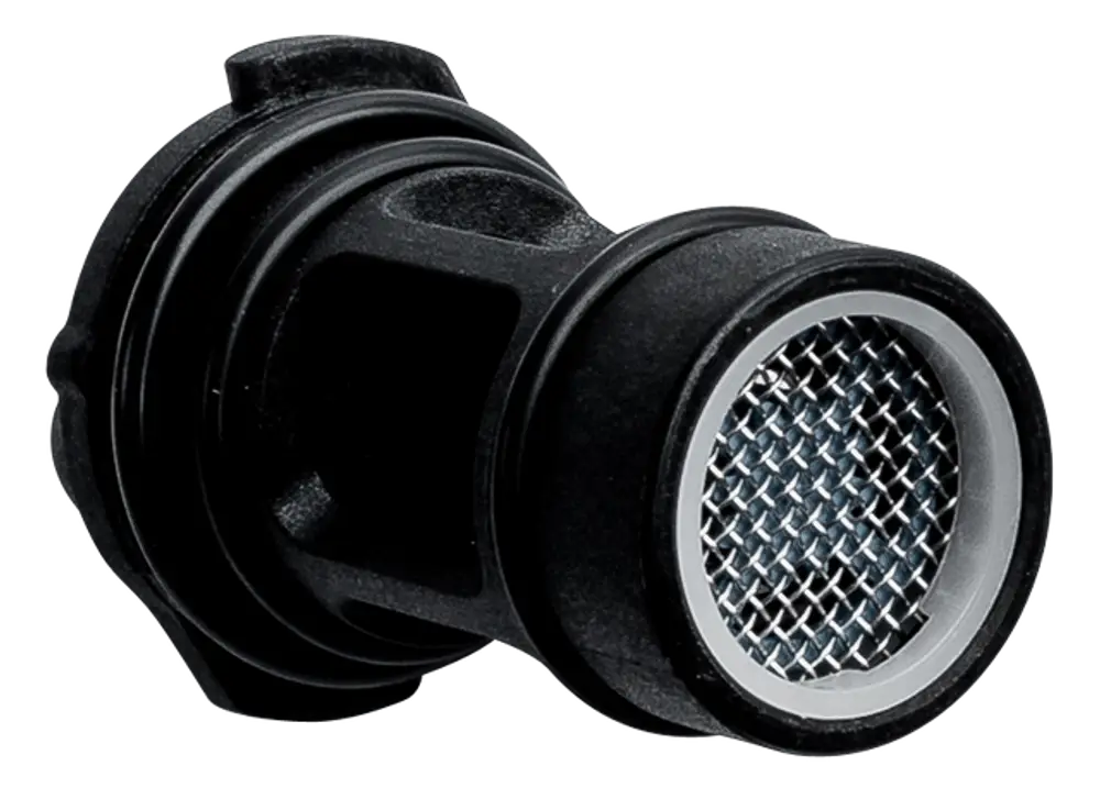 Kaltwasser-Filter mit Durchflussmengenregler, hergestellt von Wolf. Das Produkt hat einen metallenen, gitterförmigen Filtereinsatz und einen schwarzen Kunststoffkörper.